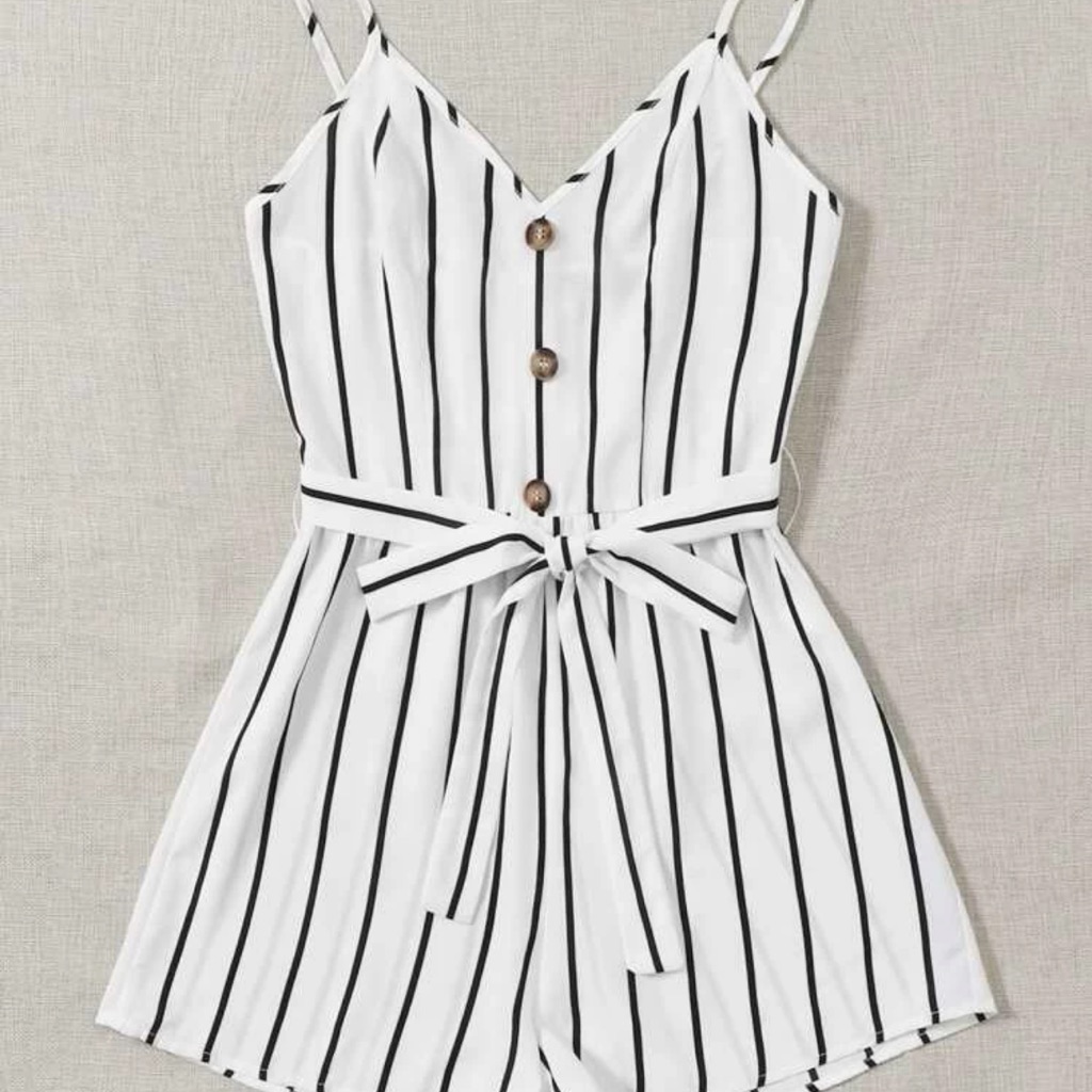 Buttoned Front Self Belt Cami Romper